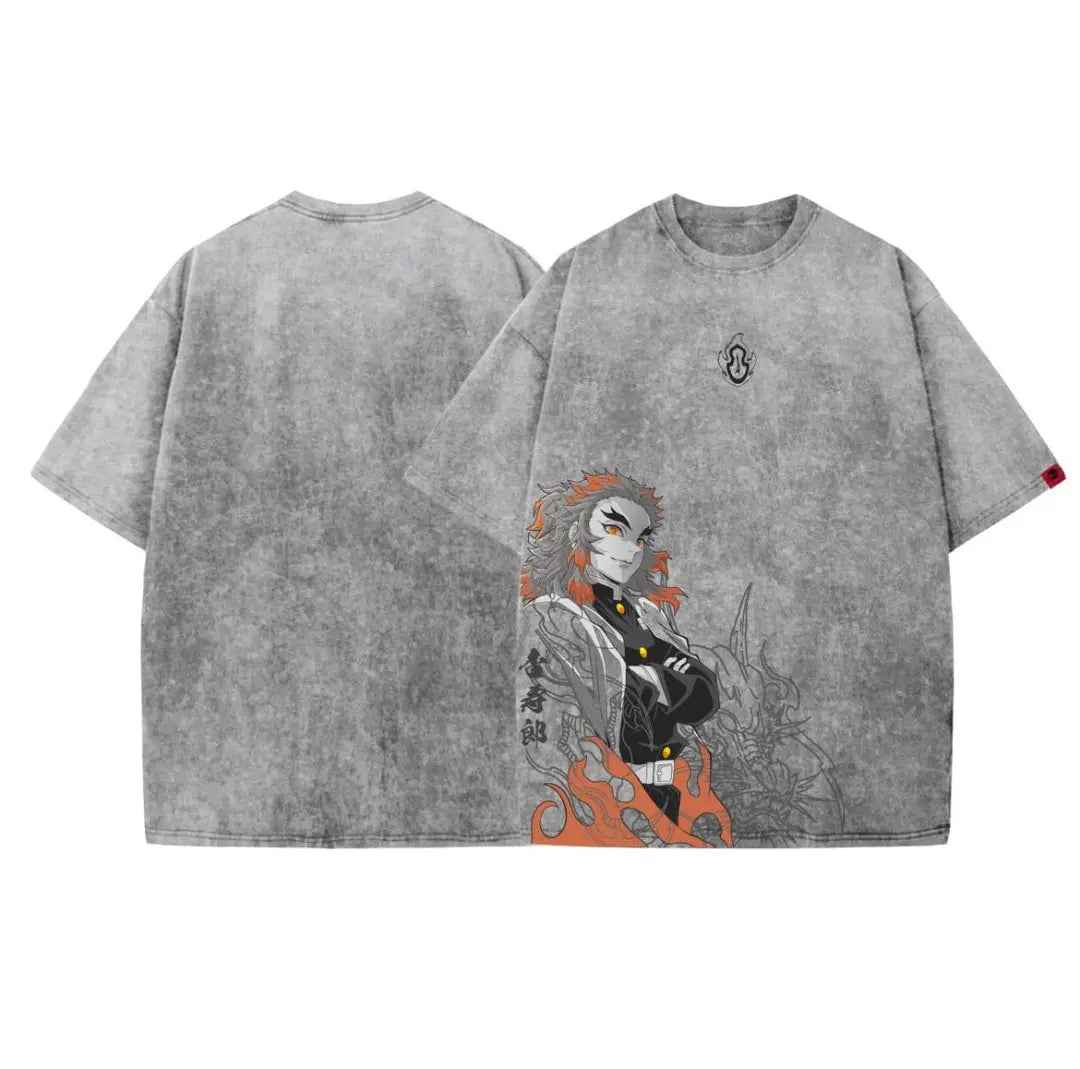 Acid Wash Rengoku Oversized T-Shirt | Demon Slayer