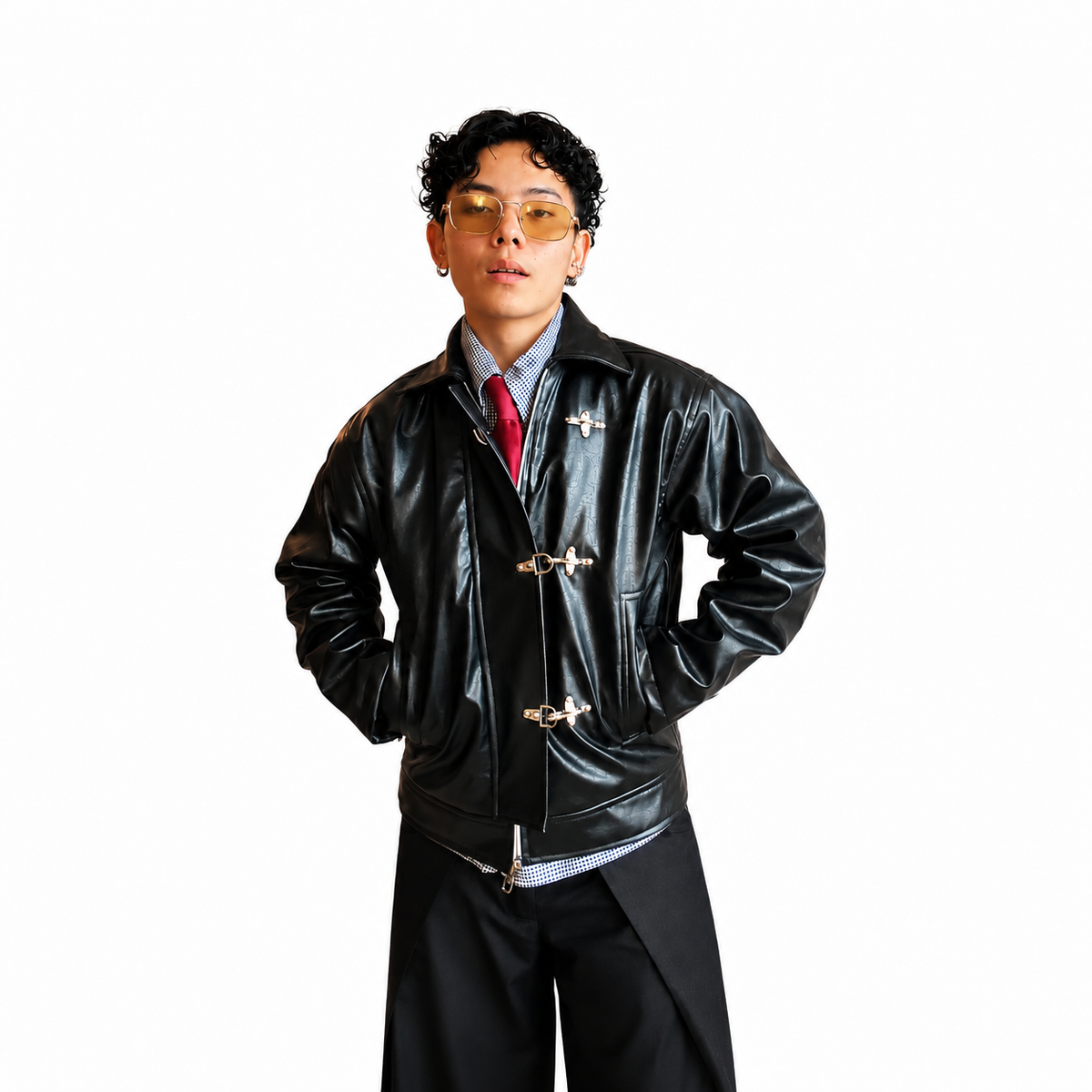 Black Cropped Metal Clasp Leather Jacket