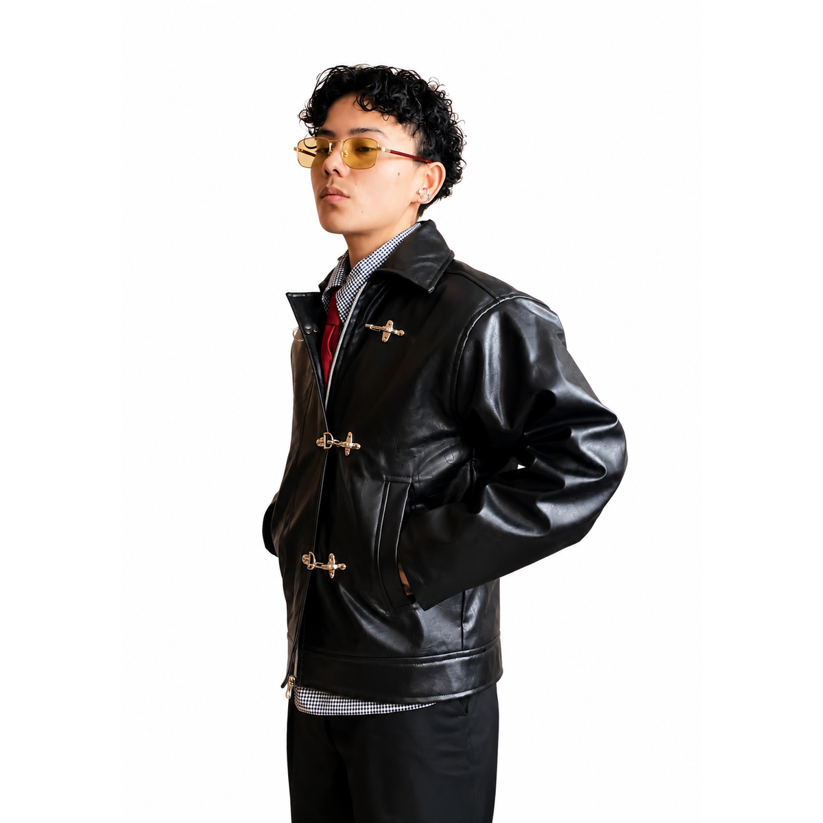 Black Cropped Metal Clasp Leather Jacket
